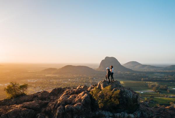Two friends hiking in Mount Ngungun, Glass House Mountains, Queensland © Tourism and Events Queensland
