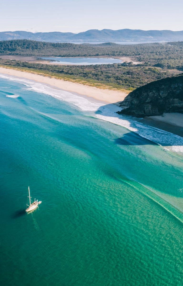 This aerial image captures the rugged beauty of Bruny Island in Tasmania © Tourism Australia